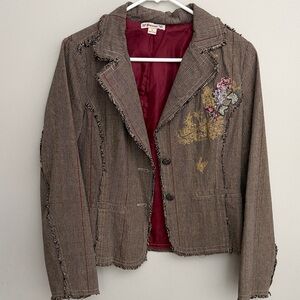 Forever 21 Vintage Brown and Black Plaid Blazer with Embroidery